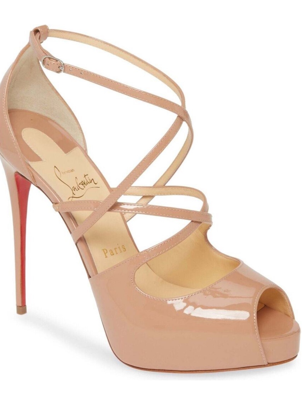 Christian Louboutin Nude Patent Strappy Peep-Toe Stiletto - Holly Alta